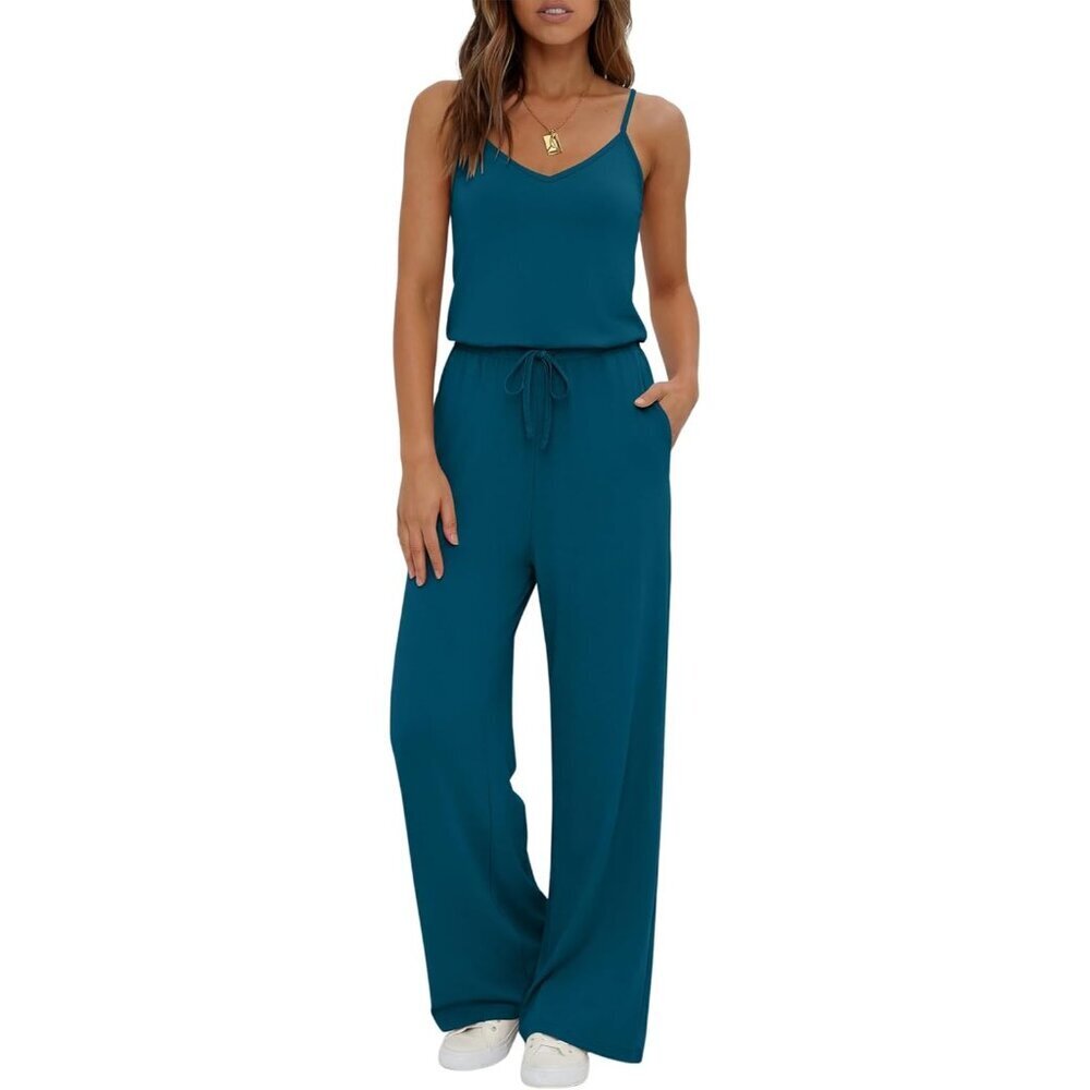Women's Dark Blue Summer Dressy Sleeveless Wide Leg Long Pant Romper Jumpsuit
